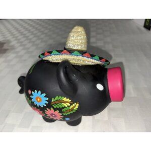 Rare Old Navy Collectible Flowers Sombrero Piggy Bank Removable Screw Nose Black